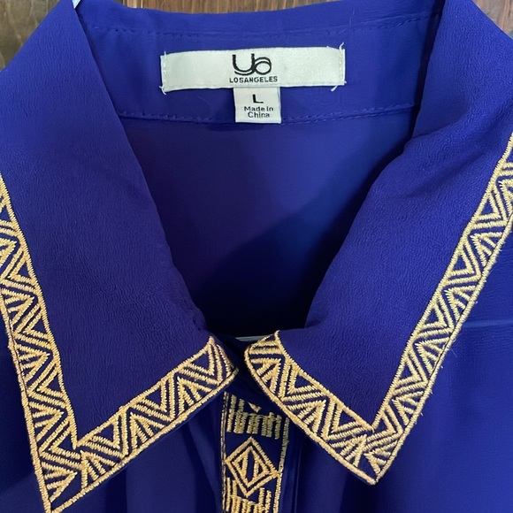 YA Los Angeles sz L indigo purple-blue sleeveless top gold embroidered 60% silk - Picture 7 of 13